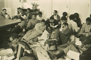 Black students hold a “study-in” in the anteroom outside President Knight’s office on November 13, 1967 (Duke University Archives)