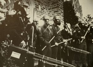 Police standing outside the Allen Building (Duke University Archives)