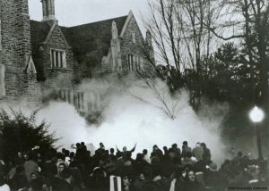 Students on Quad after Allen Building takeover being teargassed, February 13, 1969 (Duke University Archives)