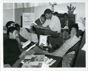 Black students hold a “study-in” in the anteroom outside President Knight’s office on November 13, 1967 (Duke University Archives)